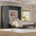 SOFTSEA Full Size Murphy Bed with Wardrobe and Drawers, Solid Wood Wall Bed Frame with Storage, Can be Folded into a Cabinet, No Box Spring Needed, Grey