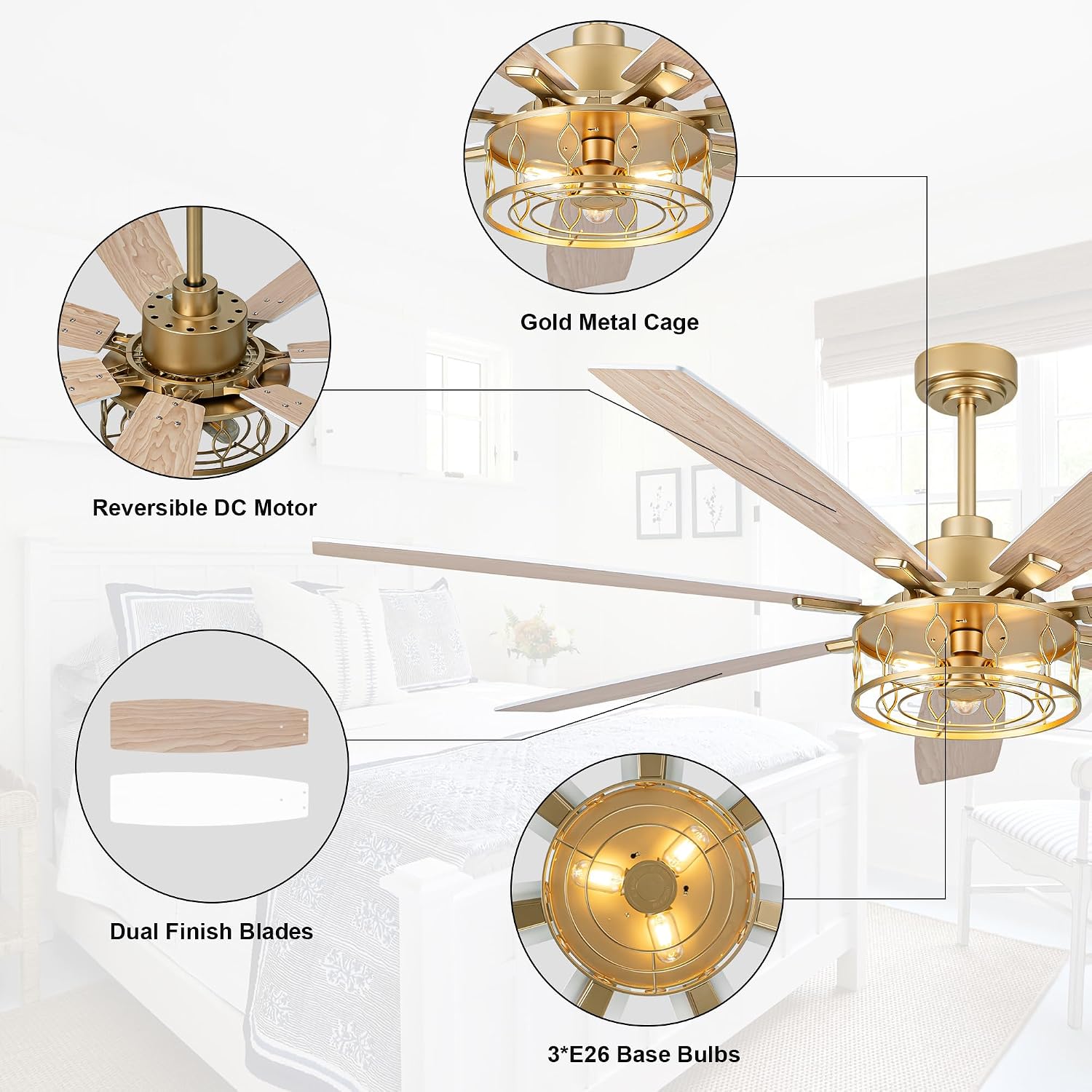 72 Inch White and Gold Ceiling Fan with Lights Fandelier Ceiling Fan Modern Caged Chandelier Farmhouse Fandeliers with Lights and Remote for Living Room Indoor Outdoor, Reversible 6 Speeds