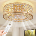 20' Caged Crystal Ceiling Fan with Lights Flush Mount Gold Fandelier Low Profile Chandelier Fan Enclosed Ceiling Fan Light Fixtures with Reversible Motor for Bedroom Kitchen Living Room
