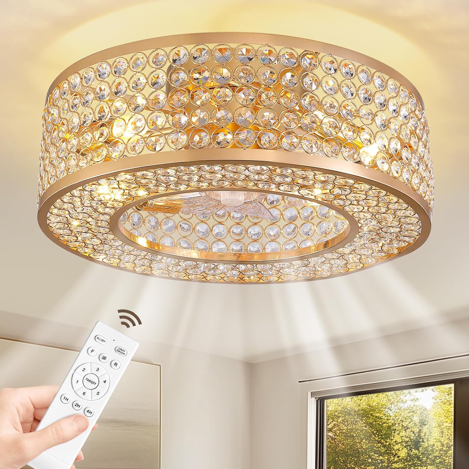 20' Caged Crystal Ceiling Fan with Lights Flush Mount Gold Fandelier Low Profile Chandelier Fan Enclosed Ceiling Fan Light Fixtures with Reversible Motor for Bedroom Kitchen Living Room