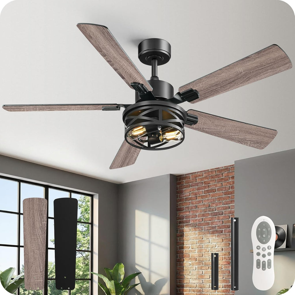 52 Inch Farmhouse Ceiling Fan with Lights and Remote, Timer, Dual Finish 5 Blades (Gray Oak and Black), 6 Speeds, Reversible DC Motor, Rustic & Industrial Caged Ceiling Fan for Bedroom HB01CF05