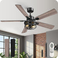52 Inch Farmhouse Ceiling Fan with Lights and Remote, Timer, Dual Finish 5 Blades (Gray Oak and Black), 6 Speeds, Reversible DC Motor, Rustic & Industrial Caged Ceiling Fan for Bedroom HB01CF05
