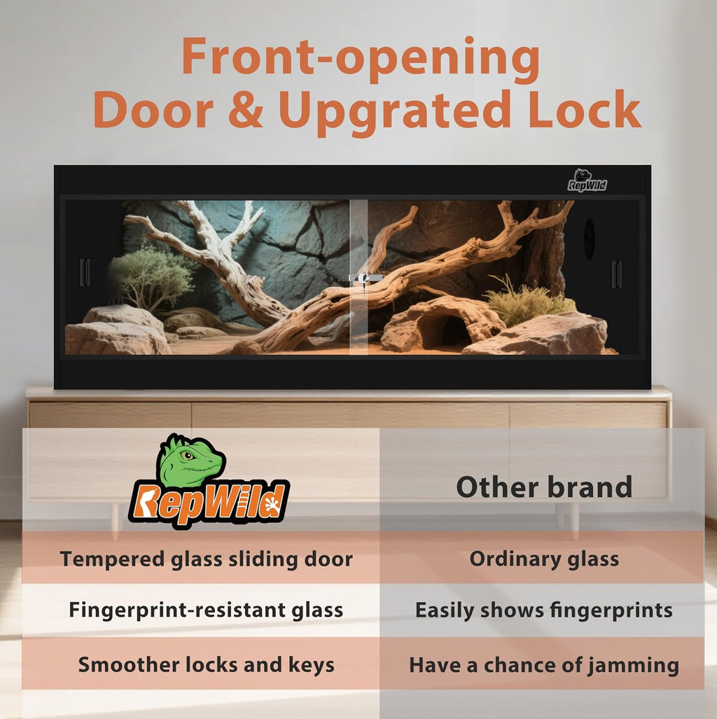 65 Gallon PVC Reptile Enclosure, RepWild 48'x18'x18' Terrarium/Tank with Heavy-Duty Screen Top, Glass Sliding Doors & Lock for Bearded Dragons, Ball Python, Geckos, Lizards