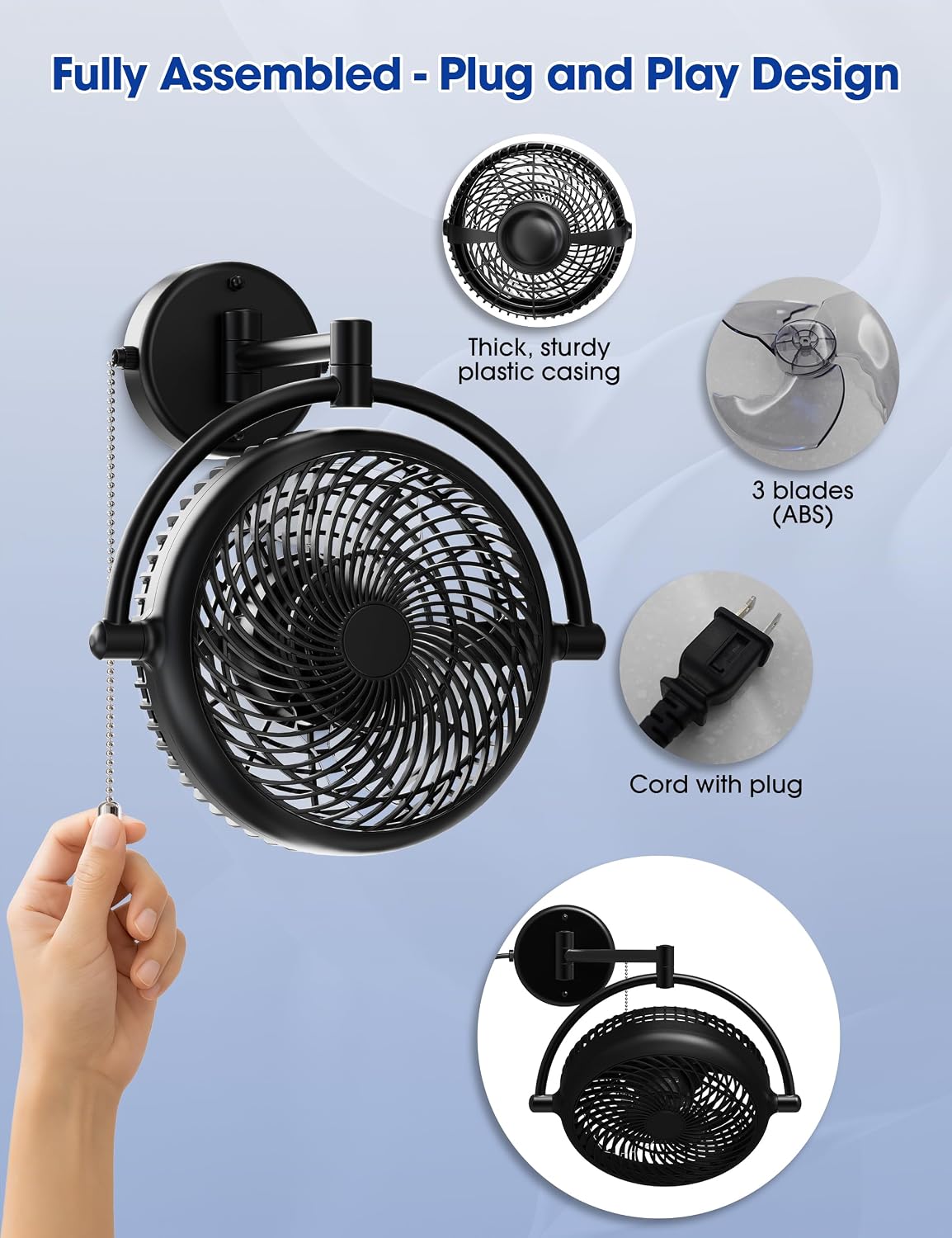 Wall Mount Fans with Pull Chain, 10 Inch Wall Fans Quiet Oscillating Wall-Mounted Fan, Adjustable Folding Arm, 2-Speed Plug-in Fan for Bedroom, Living Room, Garage, Bathroom, Patio, Kitchen, Black