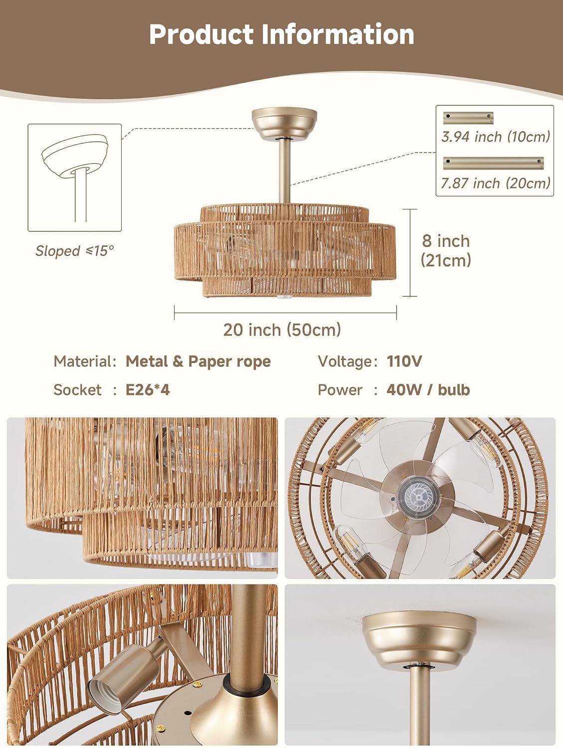 20'' Gold Boho Fandelier Ceiling Fan with Light, Rattan Chandelier with Light Remote Control, Caged with 6 Speeds for Bedroom, Nursery, Living Room