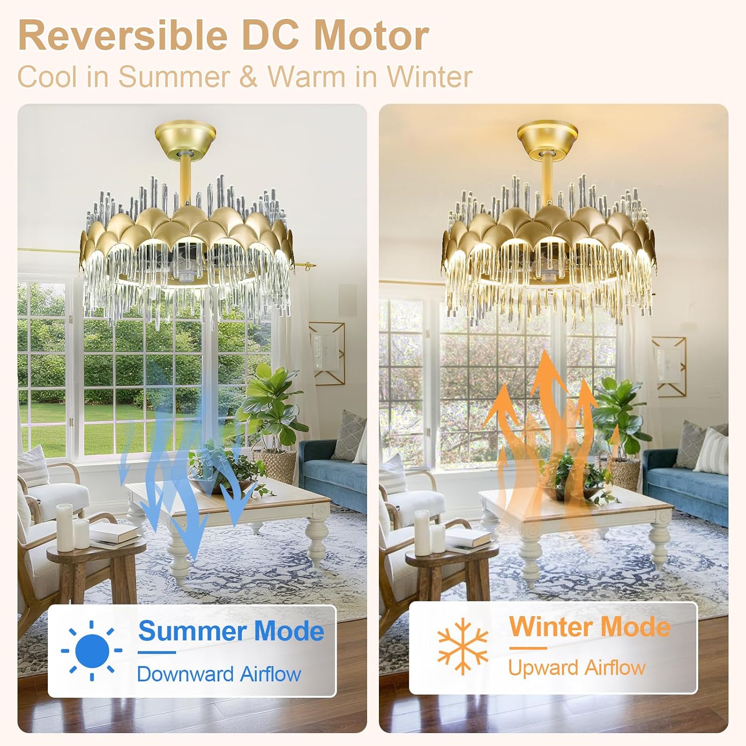 Depuley Bedroom Ceiling Fan with Lights: 20' Gold Chandelier Cagd Fan with Remote Control - Modern Crystal Fandelier for Girl's Bedroom Living Room Nursery
