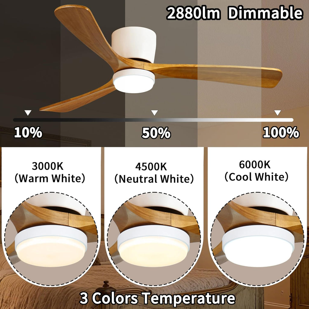 Ceiling Fans with Lights and Remote Control, 52 Inch Solid Wood Blade, Low Profile Flush Mount, LED Dimmable DC Reversible Modern Ceiling Fans with APP Control for Bedrooms, Living Rooms, Patio, White