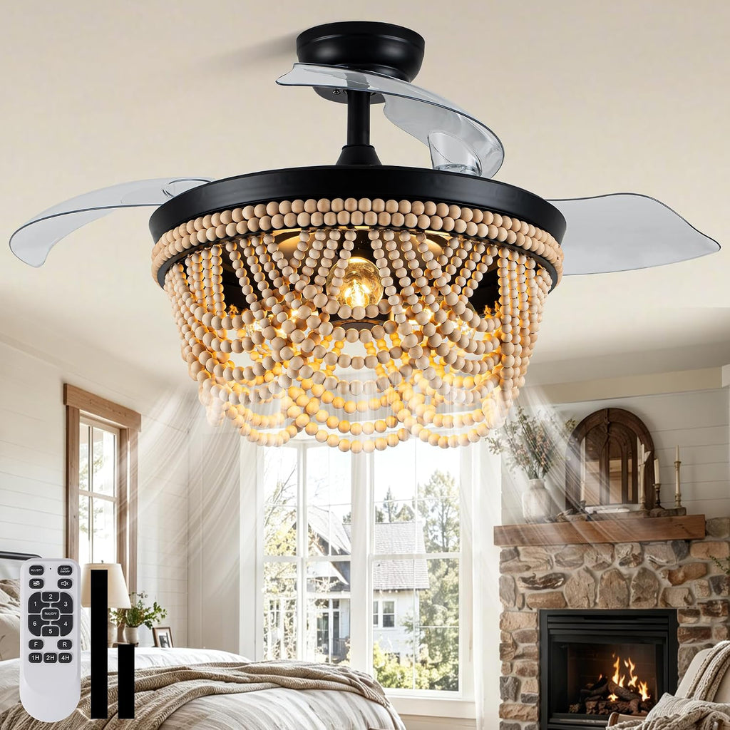Bella Depot 42 Inch Boho Ceiling Fan with Light, Flush Mount Wood Beaded Fandelier Chandelier Fan, 6 Speeds Reversible Bladeless Ceiling Fan for Bedroom Living Room Kitchen, Black