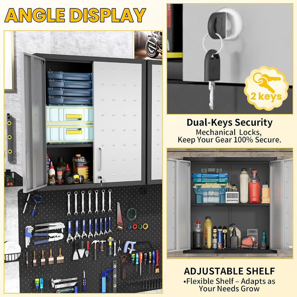 Garage Storage Cabinets Wall Mount, Locking Metal Wall Cabinets with Doors and Adjustable Shelves, Floating Hanging Storage Cabinet for Garage, Basement