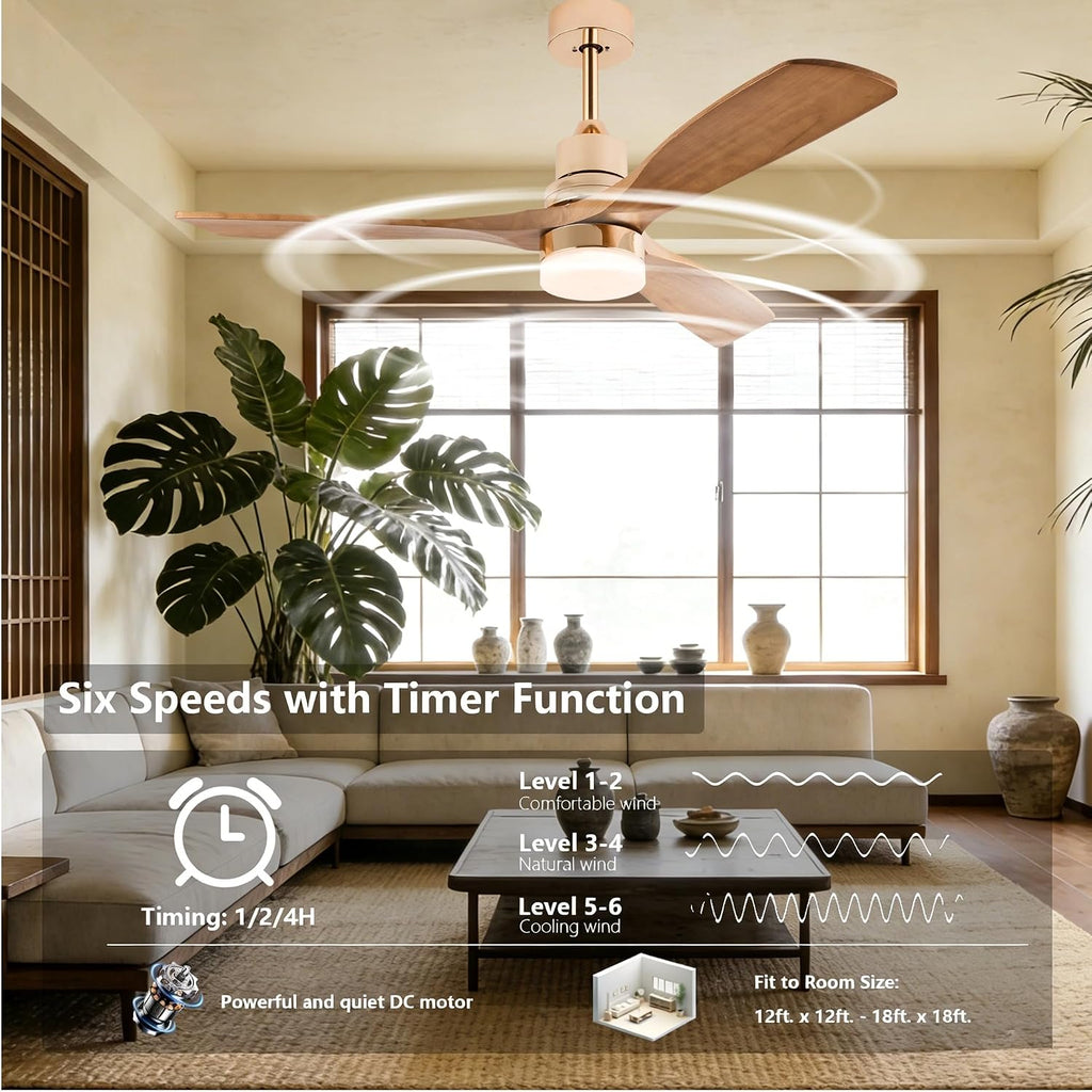Modern Indoor Ceiling Fan with Light Remote Control,3 Solid Wood Blades,6 Speed DC Motor,22W Dual Color LED, Outdoor Ceiling Fan Chandelier for Living Room,Bedroom,Patio,Dining Room (Glossy Gold 48in)