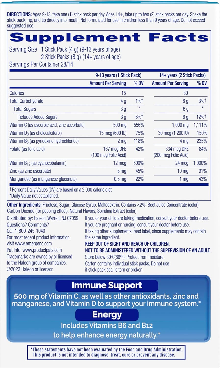 Emergen-C Immune Plus Crystals, On-the-Go Immune Support Supplement with Vitamin C, Vitamin D, B Vitamins, Zinc and Manganese, Berry Lemonade - 28 Stick Packs (Pack of 12)