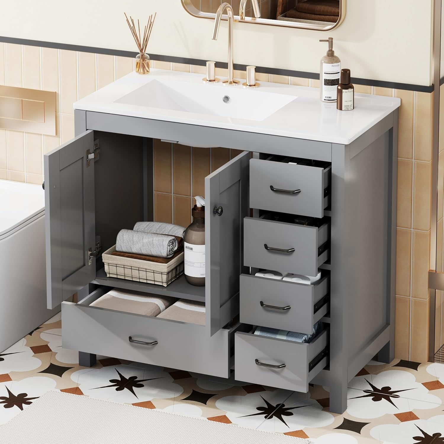 LUMISOL 36 Inch Bathroom Vanity with Sink, Freestanding Bathroom Cabinet with Ceramic Sink, Modern Single Vanity with Soft Close Doors & Drawers for Guest Bath, Master Suite, Rental, Grey