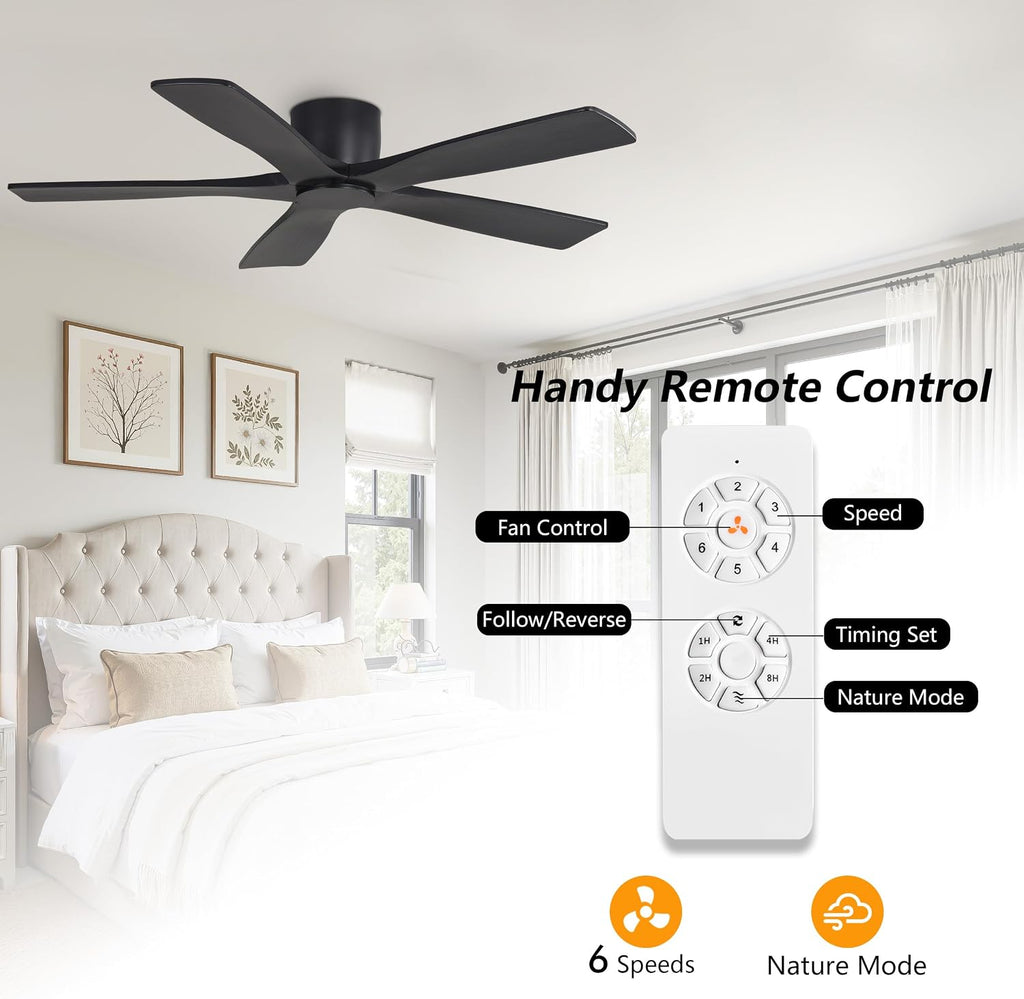 WINGBO 54' Flush Mount DC Ceiling Fans Without Lights, 5 Carved Solid Wood Blades, 6-Speed Reversible DC Motor, Low Profile Hugger Ceiling Fan No Lights for Living Room Bedroom Patio, Matte Black
