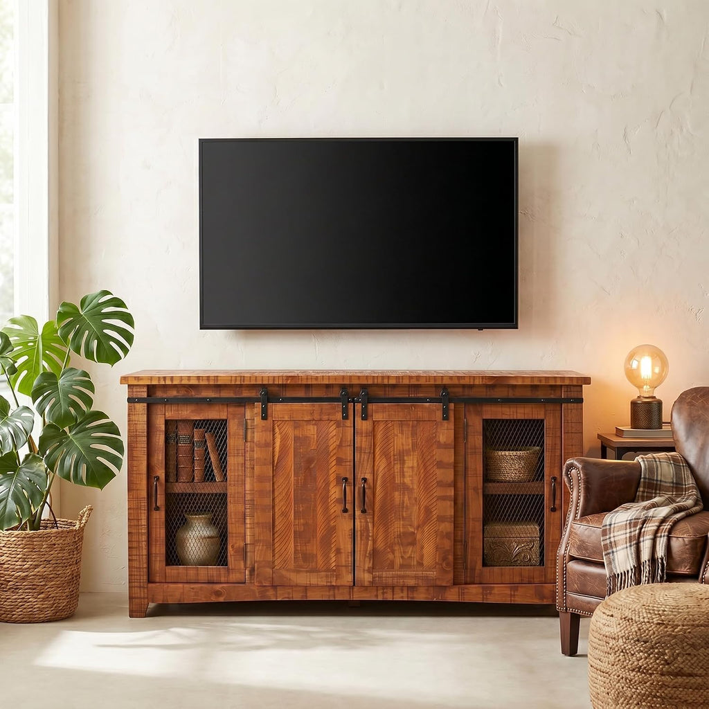 Martin Svensson Home 65' Solid Pine Wood Entertainment Center with Storage. Rustic TV Stand for TVs up to 70.' Sliding Doors, Adjustable Shelves & Cable Management – Honey Tobacco Finish