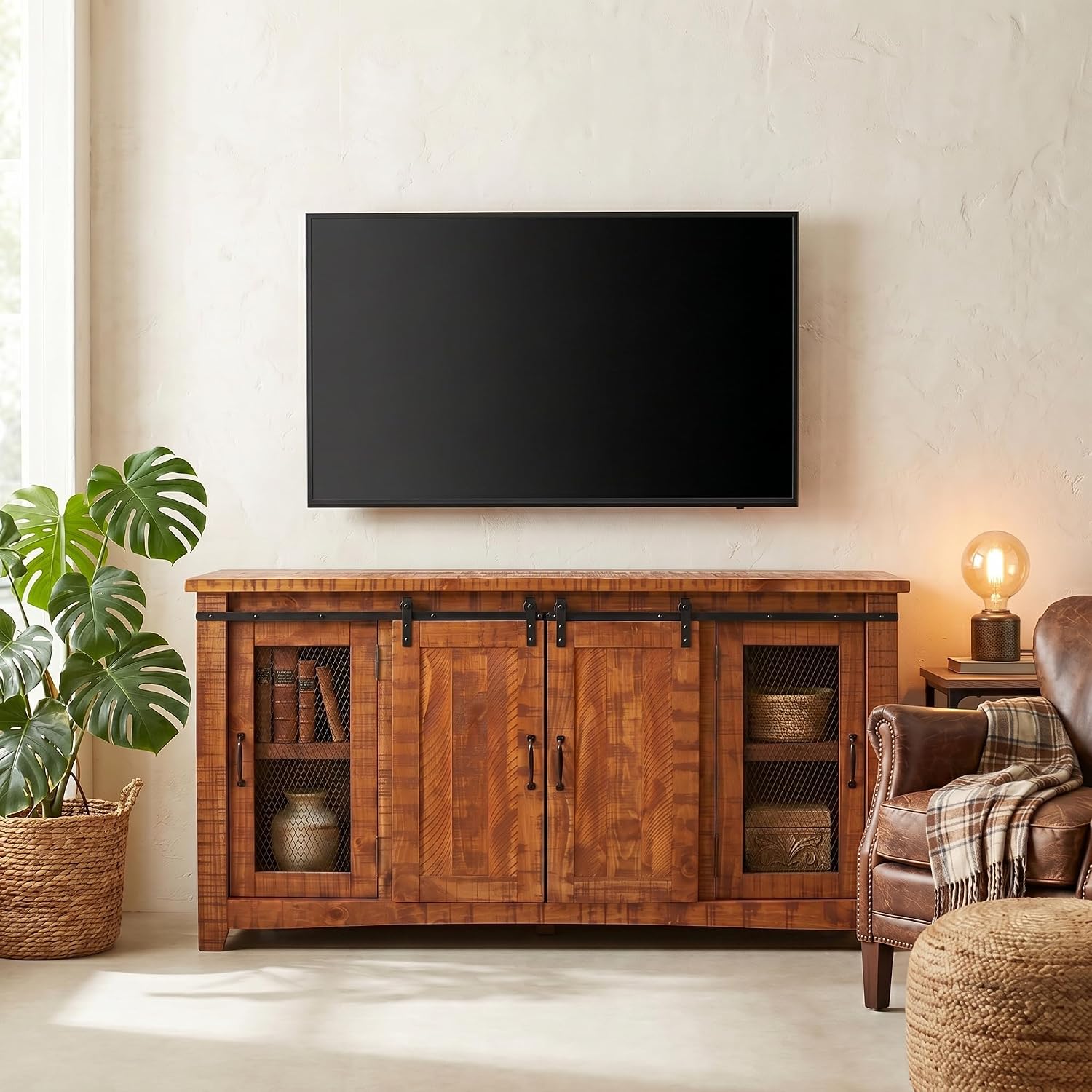 Martin Svensson Home 65' Solid Pine Wood Entertainment Center with Storage. Rustic TV Stand for TVs up to 70.' Sliding Doors, Adjustable Shelves & Cable Management – Honey Tobacco Finish