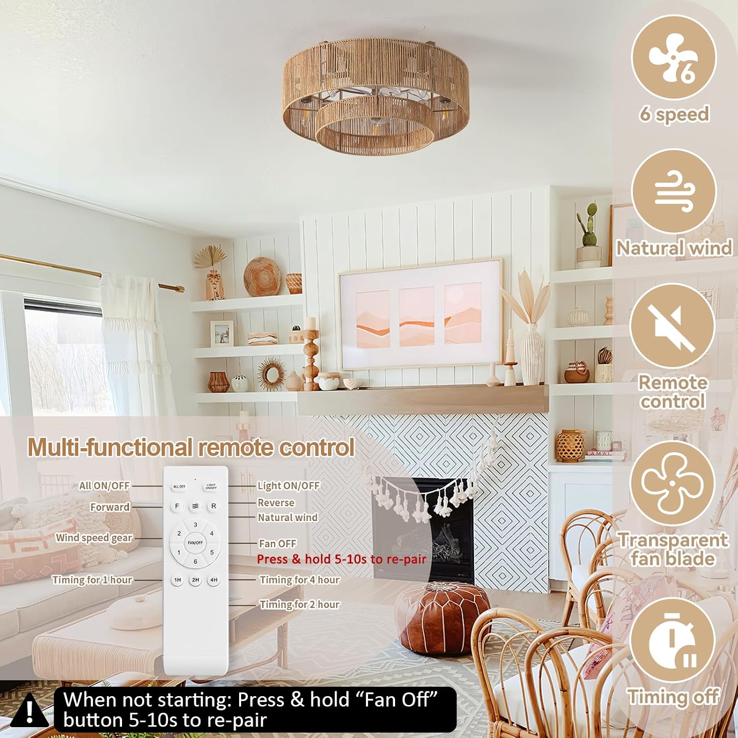 20'' Rattan Boho Ceiling Fan with Light, Enclosed Caged Ceiling Fans with Lights and Remote Control, Coastal Flush Mount with Reversible 6 Speeds for Living Room Bedroom Kitchen