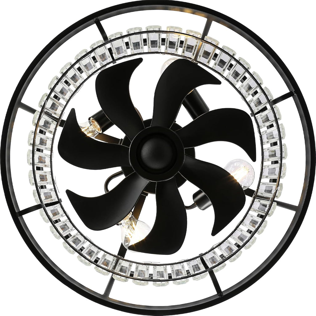 Bella Depot 20' Black Flush Mount Ceiling Fan, Caged Crystal Chandelier Fan with Light (No Bulbs Included), Quiet DC Motor for Bedroom Dining Living Room