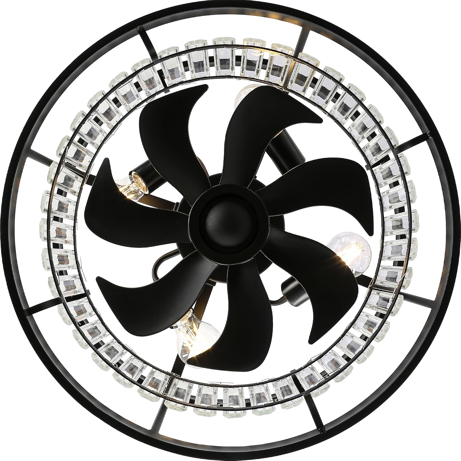Bella Depot 20' Black Flush Mount Ceiling Fan, Caged Crystal Chandelier Fan with Light (No Bulbs Included), Quiet DC Motor for Bedroom Dining Living Room