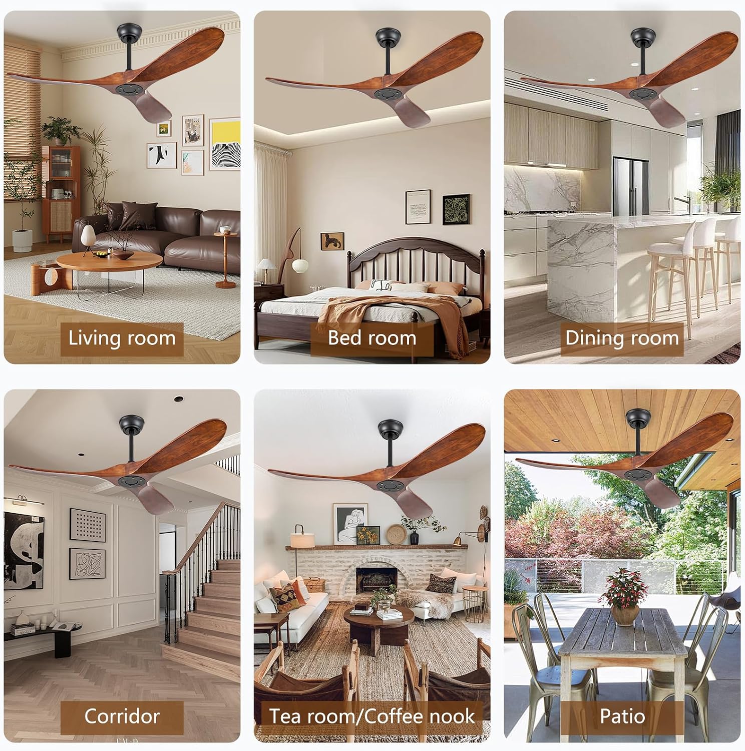 52 Inch Walnut Outdoor Ceiling Fan No Light, Solid Wood Ceiling Fans Without Lights, Mid-sized Modern 3 Blade Quiet Dc Ceiling Fans For Slanted Ceilings, Rustic Wood Ceiling Fan For Garage