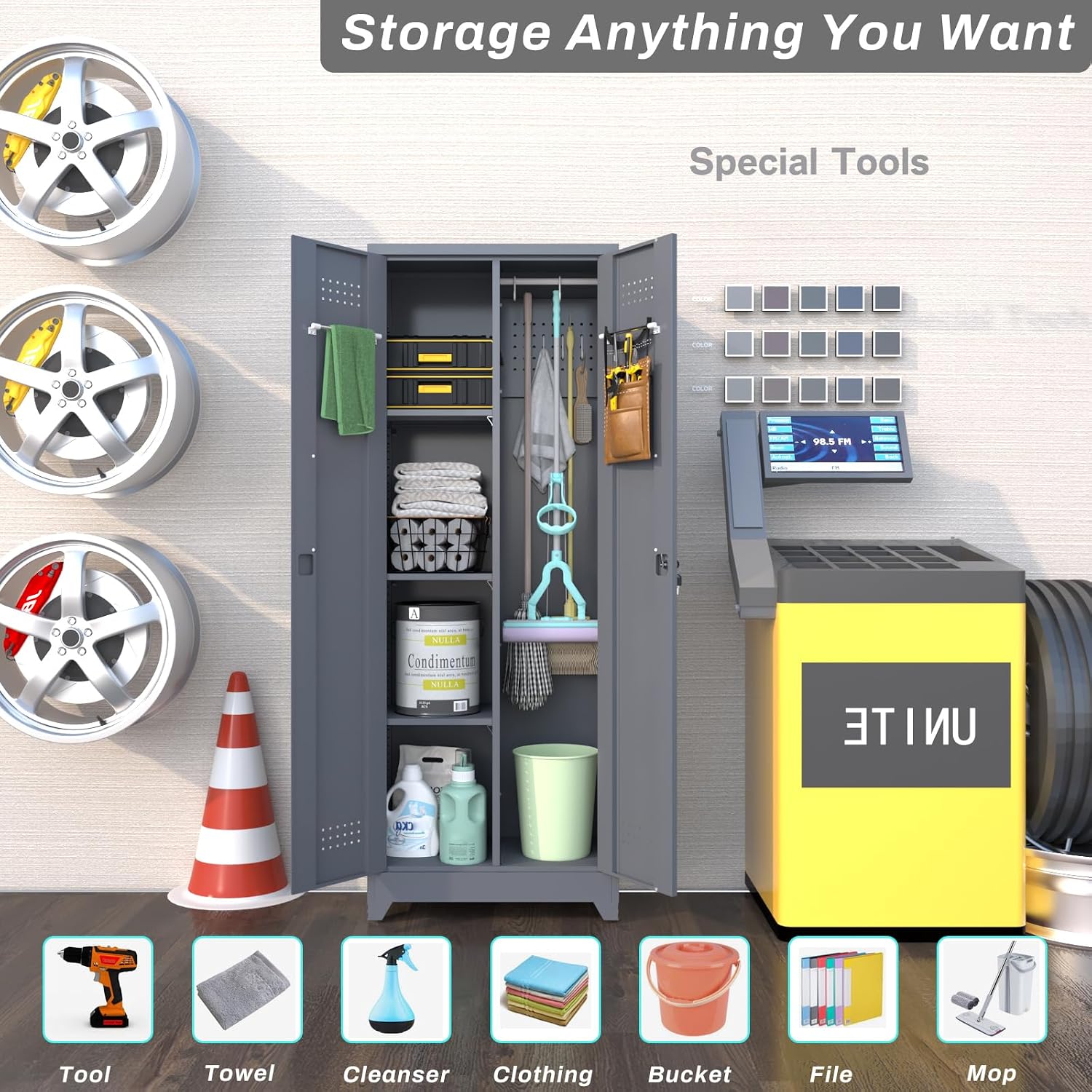 IRONFFICE Metal Lockable Storage Cabinet,Tall Garage Storage Cabinets with 2 Doors,Locking Cabinets for Office,Home,Utility Room,Grey