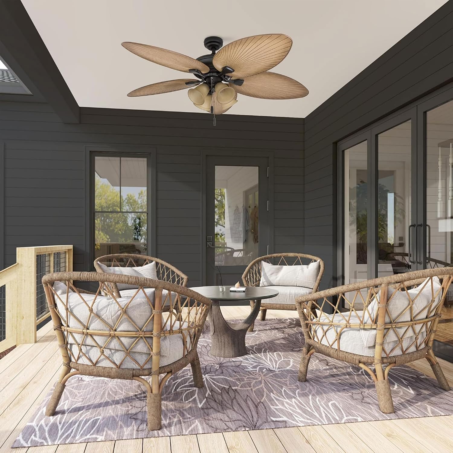 Honeywell Ceiling Fans Palm Valley, 52 Inch Tropical Indoor Outdoor Ceiling Fan with Light, Pull Chain, Three Mounting Options, 5 Palm Leaf Blades, Reversible Motor - 50506-01 (Bronze)