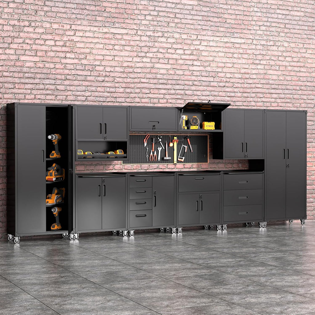 5 PCS Garage Storage Cabinets System Heavy Duty Workshop Set with Drawers Locking Rolling Cart with Adjustable Shelves Garage Tool Workbench Cabinets (5 PCS-2,Black)