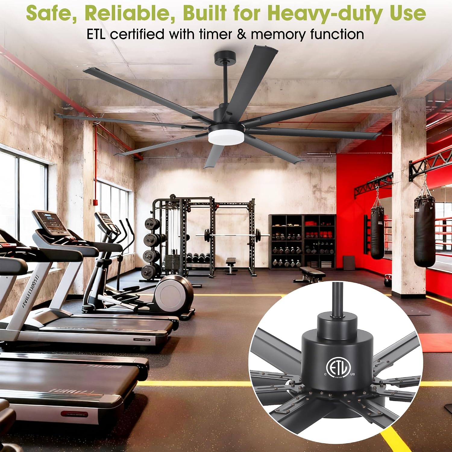 84' Large Ceiling Fan with Lights & Remote – 8-Blade Black Modern Ceiling Fan for Living Room, Dining Room, Bedroom, Patio, Commercial Spaces, Quiet & Energy Efficient, ETL Certified