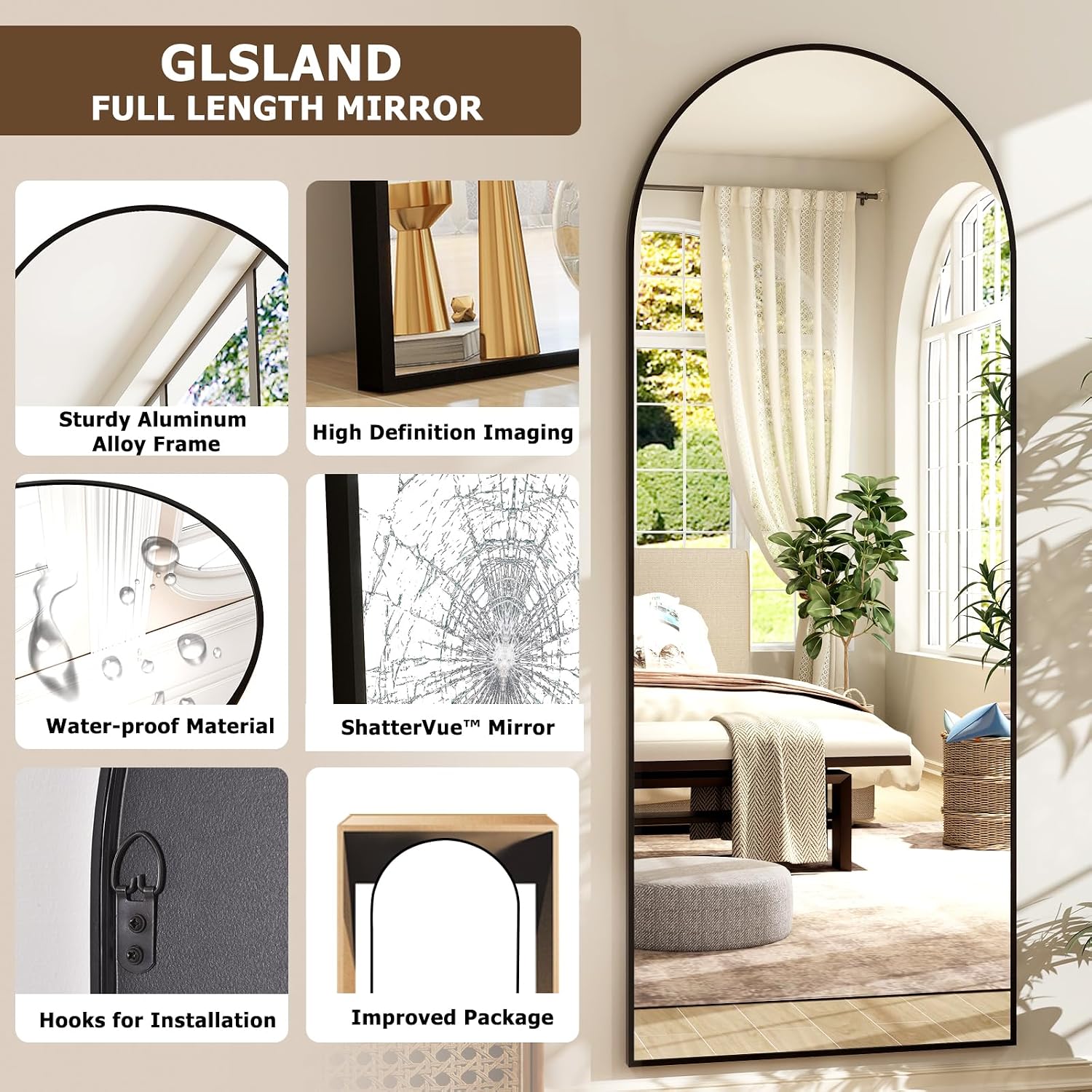 GLSLAND 26' x 71' Arched Full Length Mirror - Black Full Body Mirror - Extra Large Floor Mirrors for Bedroom, Living Room, Bathroom