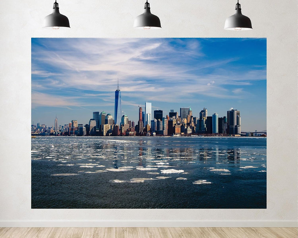 Trykid 20x10ft NYC Skyline Winter Backdrop Skyscrapers Frozen River Clear Blue Sky Urban Photography Background City View Tapestry Party Decoration Photo Studio Prop Fabric