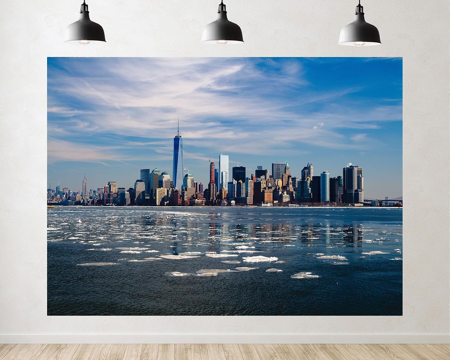 Trykid 20x10ft NYC Skyline Winter Backdrop Skyscrapers Frozen River Clear Blue Sky Urban Photography Background City View Tapestry Party Decoration Photo Studio Prop Fabric