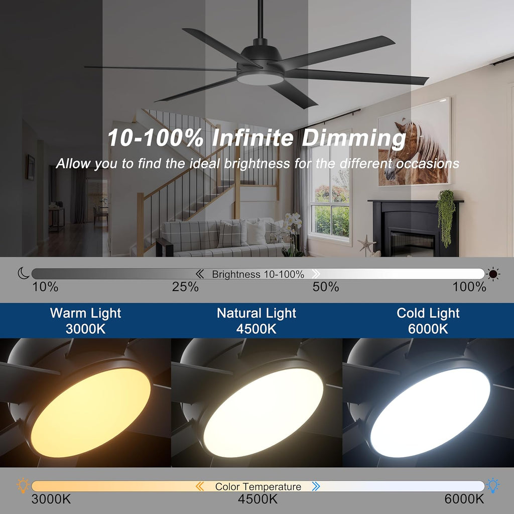 65 Inch Ceiling Fan with Lights - Black Ceiling Fan with Remote & APP Control, 3CCT, Dimmable, Quiet Reversible DC Motor, Indoor Outdoor Ceiling Fans for Patio Living Room Garage Shop
