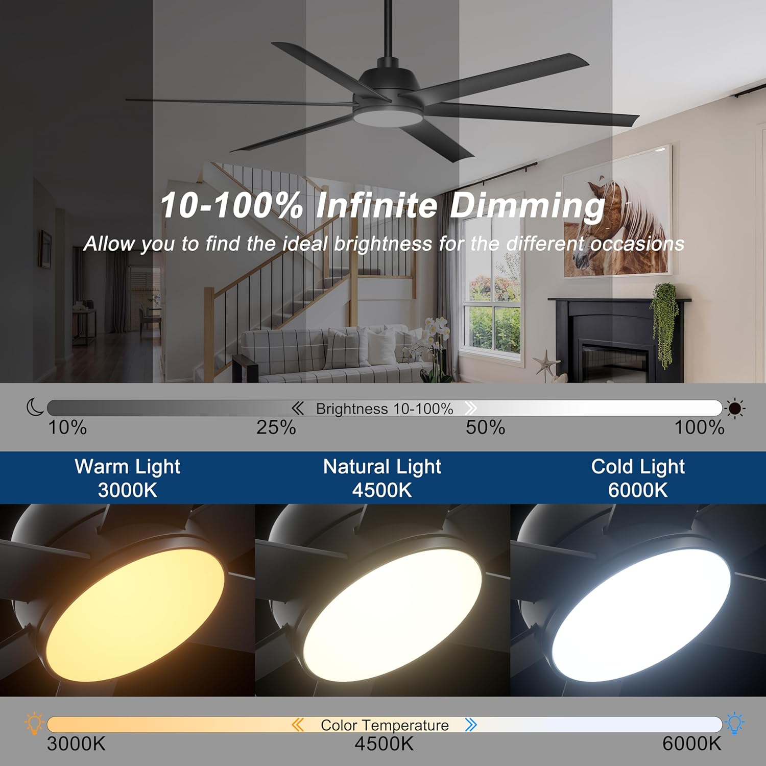 65 Inch Ceiling Fan with Lights - Black Ceiling Fan with Remote & APP Control, 3CCT, Dimmable, Quiet Reversible DC Motor, Indoor Outdoor Ceiling Fans for Patio Living Room Garage Shop