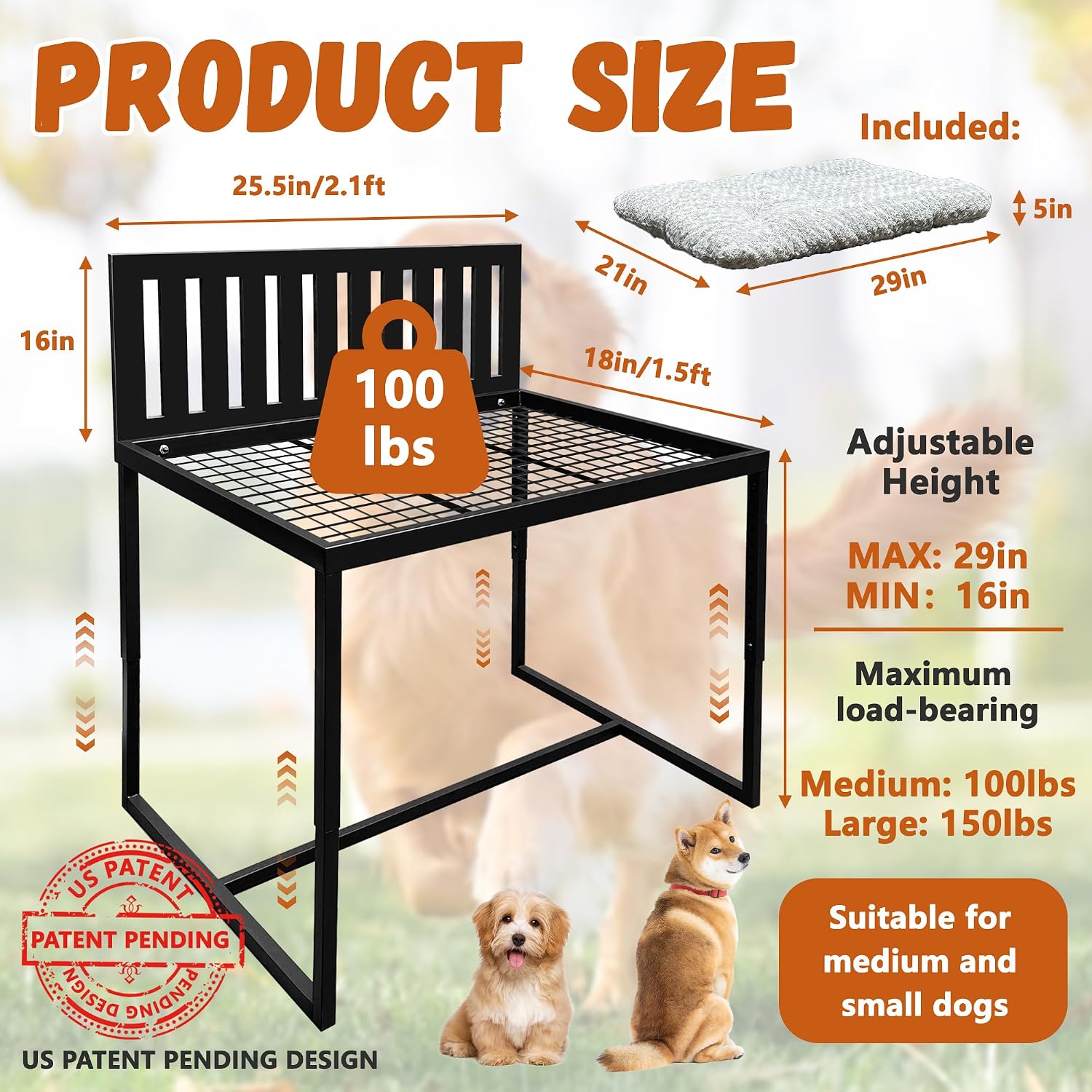 Beside Dog Bed,Adjustable Height Dog Bunk Beds,25.5''x18''Metal Dogs Bed Frame with Cushion (Medium)