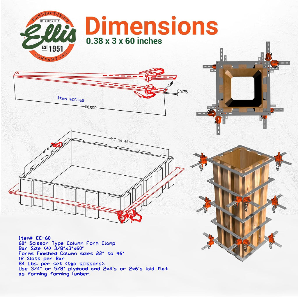 Ellis Manufacturing Company Scissor Column Forming Clamps - Clamp Set for Carpentry & Construction - Net Concrete 22' - 46' - Bar Size 3/8' x 3' x 60'