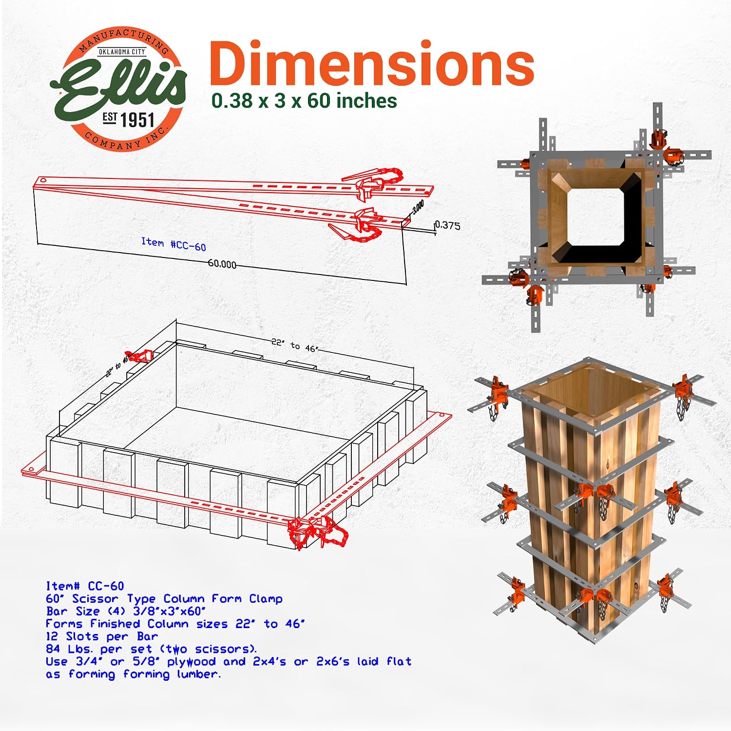 Ellis Manufacturing Company Scissor Column Forming Clamps - Clamp Set for Carpentry & Construction - Net Concrete 22' - 46' - Bar Size 3/8' x 3' x 60'