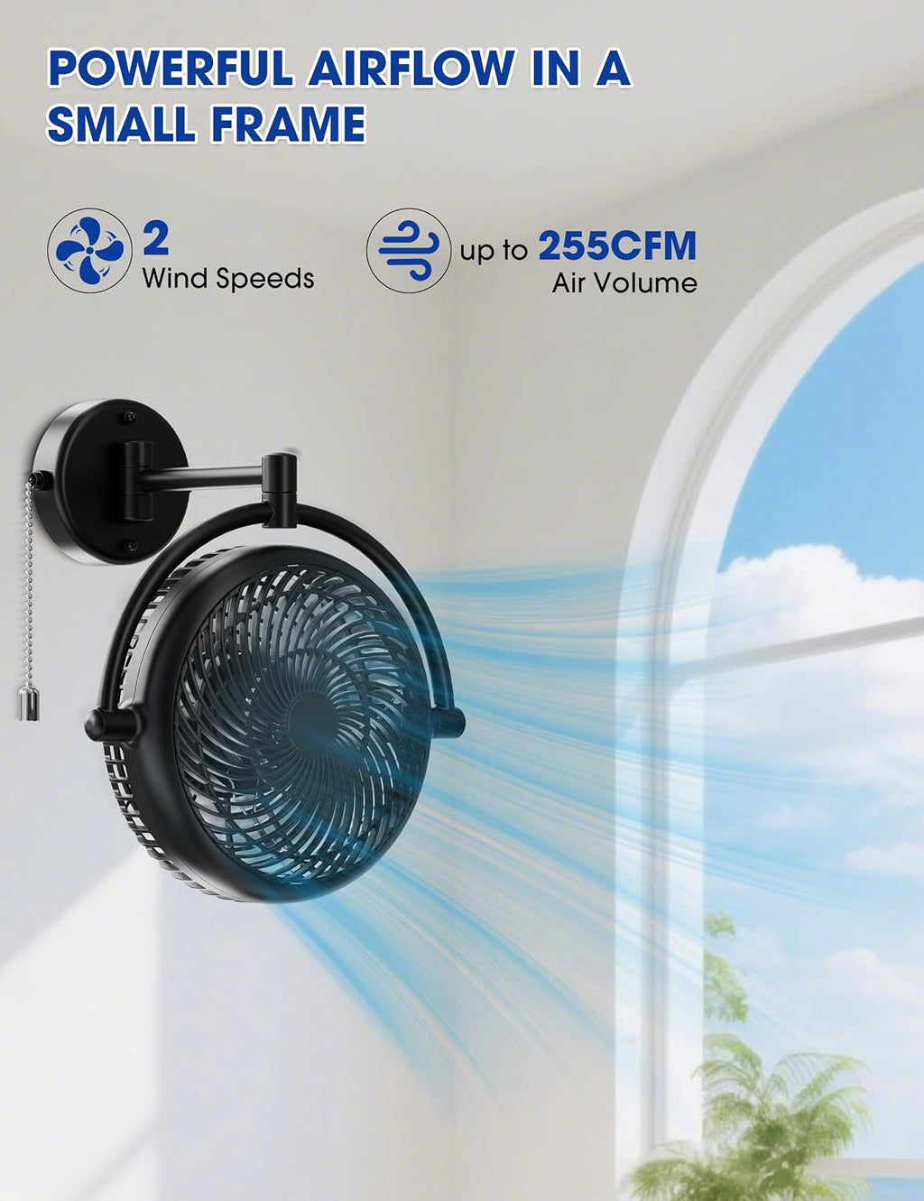 Wall Mount Fans with Pull Chain, 10 Inch Wall Fans Quiet Oscillating Wall-Mounted Fan, Adjustable Folding Arm, 2-Speed Plug-in Fan for Bedroom, Living Room, Garage, Bathroom, Patio, Kitchen, Black