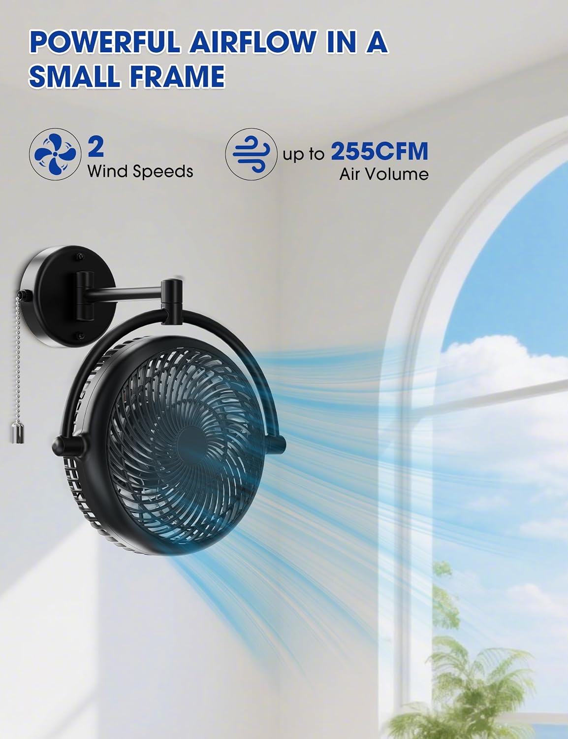 Wall Mount Fans with Pull Chain, 10 Inch Wall Fans Quiet Oscillating Wall-Mounted Fan, Adjustable Folding Arm, 2-Speed Plug-in Fan for Bedroom, Living Room, Garage, Bathroom, Patio, Kitchen, Black