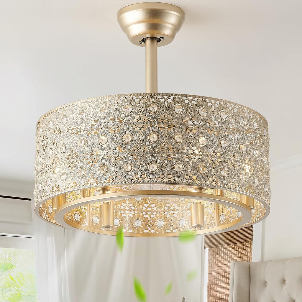 20' Gold Fandelier Crystal Ceiling Fans with Lights, Cage Gold Chandelier Ceiling Fan with Light Remote Control, 6-Speed for Bedroom, Nursery, Foyer, Living Room