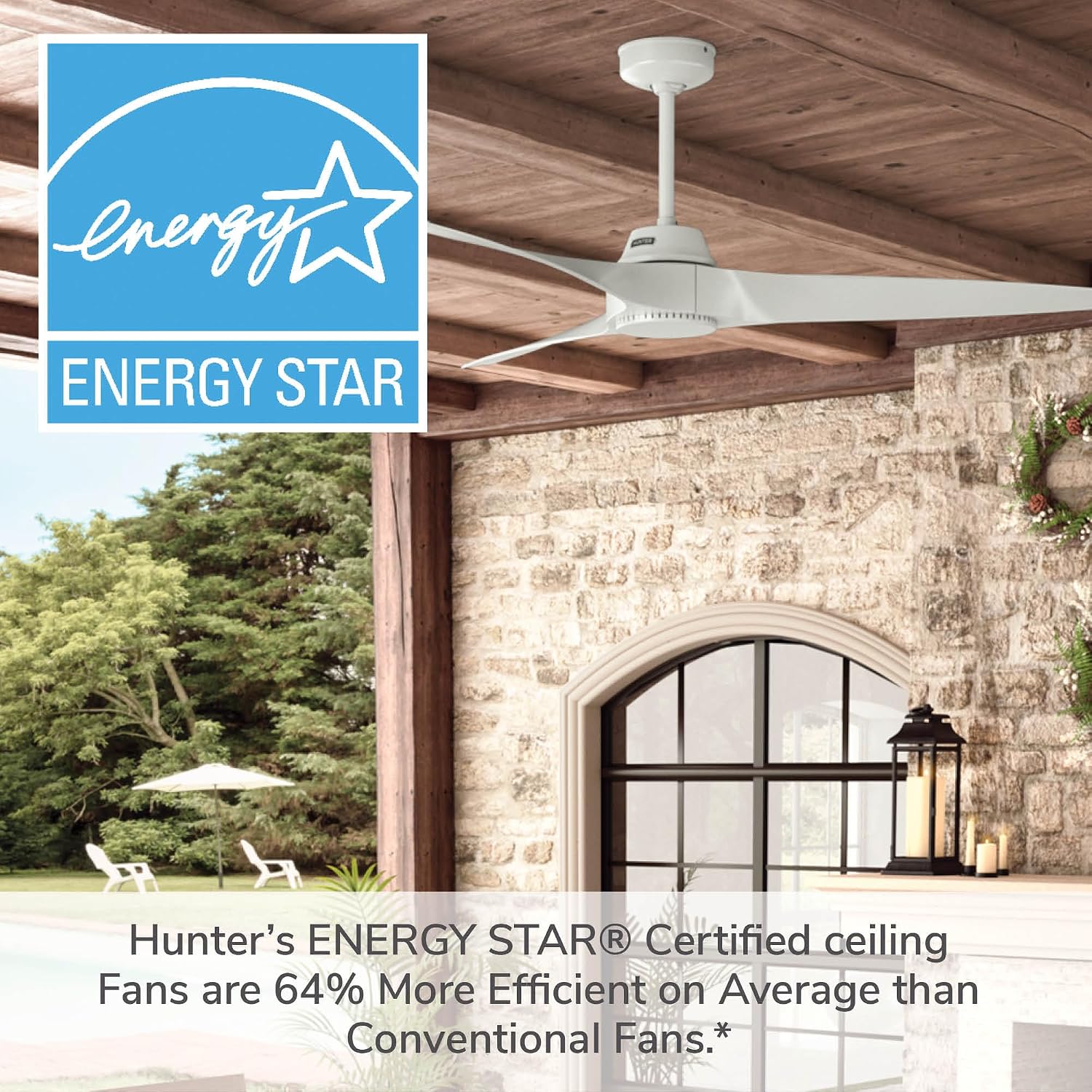 Hunter Fan 60 inch Ceiling Fan with No Light, Outdoor or Indoor White Ceiling Fan for Porch, Living Room, Office, Kitchen, Garage, 3 Blades (Renewed)