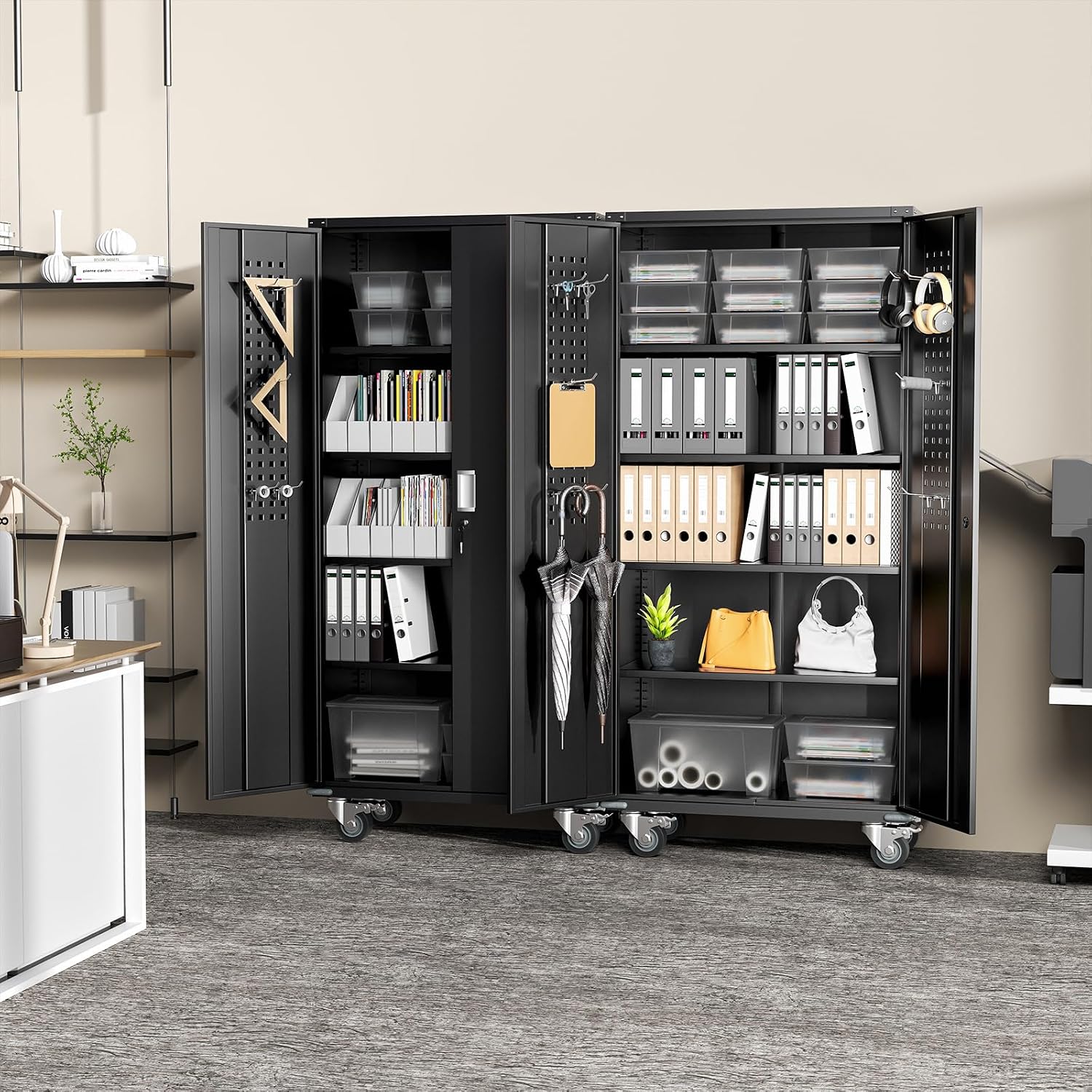 Greenvelly Garage Storage Cabinet with Wheels, Rolling Metal Cabinet with Pegboards and Adjustable Shelves,- 72' Steel Tool Cabinet for Home Office, Garage, Warehouse, Black