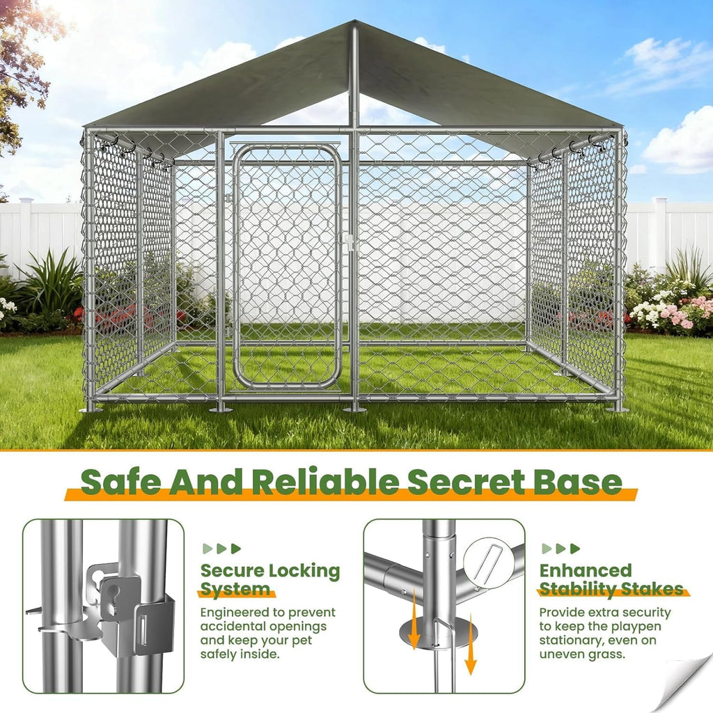 7.8x7.8 FT Heavy Duty Metal Dog Kennel with Waterproof Roof, Outdoor Dog Enclosure with Secure Lock & UV-Resistant Cover for Large Dogs (93x93x63 in)