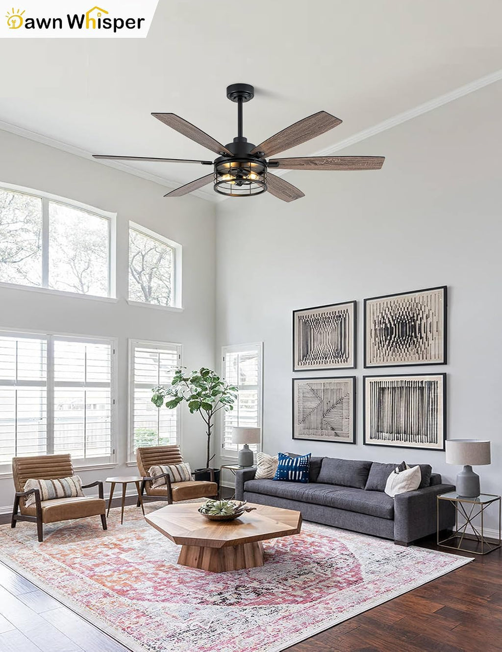 60 Inch Farmhouse Ceiling Fans with Lights Black Caged Rustic Industrial Chandelier Fans for Living Room Bedroom Quiet Reversible DC Motor 6 Speeds 6 Modern-Farmhouse Styles Dual-Finish Blade
