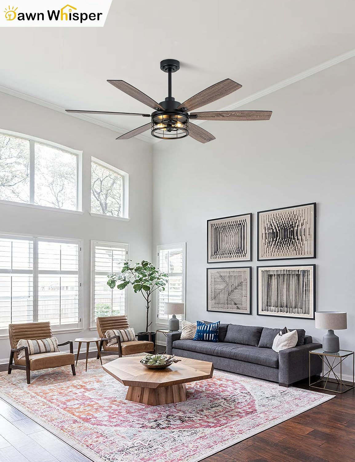 60 Inch Farmhouse Ceiling Fans with Lights Black Caged Rustic Industrial Chandelier Fans for Living Room Bedroom Quiet Reversible DC Motor 6 Speeds 6 Modern-Farmhouse Styles Dual-Finish Blade