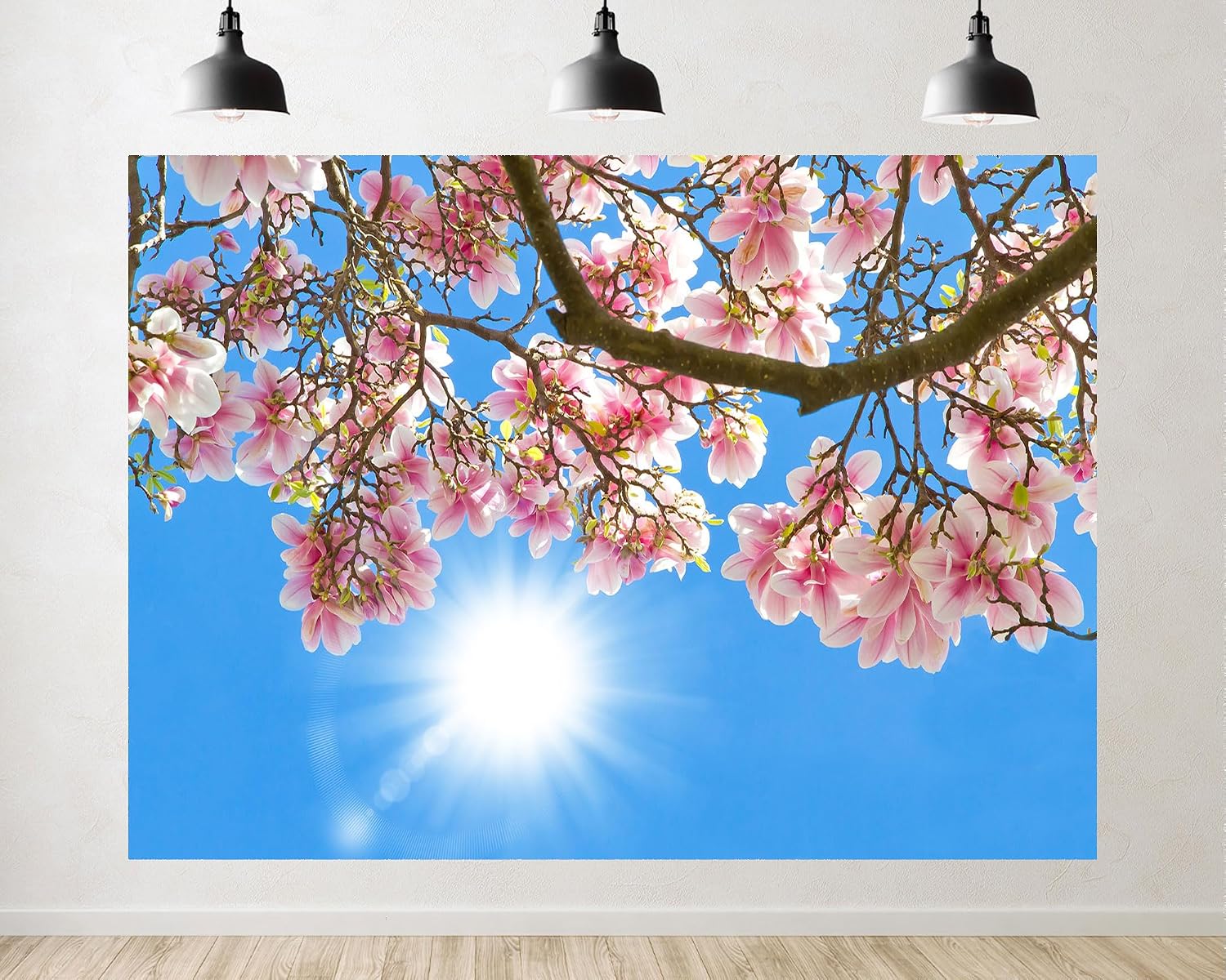 Trykid 20x10ft Pink Blossoms Blue Sky Backdrop Sunlit Spring Blooms Clear Daylight Floral Canopy Nature Photography Background Tapestry Party Decoration Photo Studio Prop Fabric