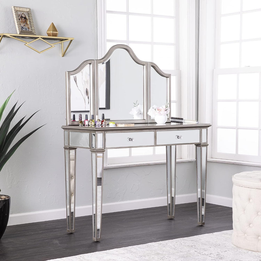 SEI Furniture - Kalla Mirrored Vanity Set with Storage - 2 Piece - Silver - Transitional Design - Ideal for Bathroom, Master Suite (HZ7581)
