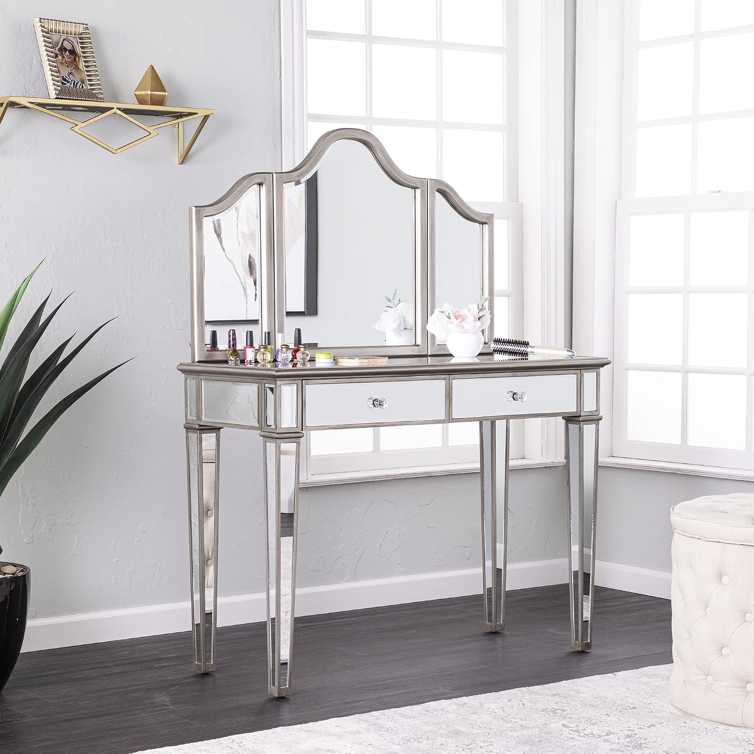 SEI Furniture - Kalla Mirrored Vanity Set with Storage - 2 Piece - Silver - Transitional Design - Ideal for Bathroom, Master Suite (HZ7581)