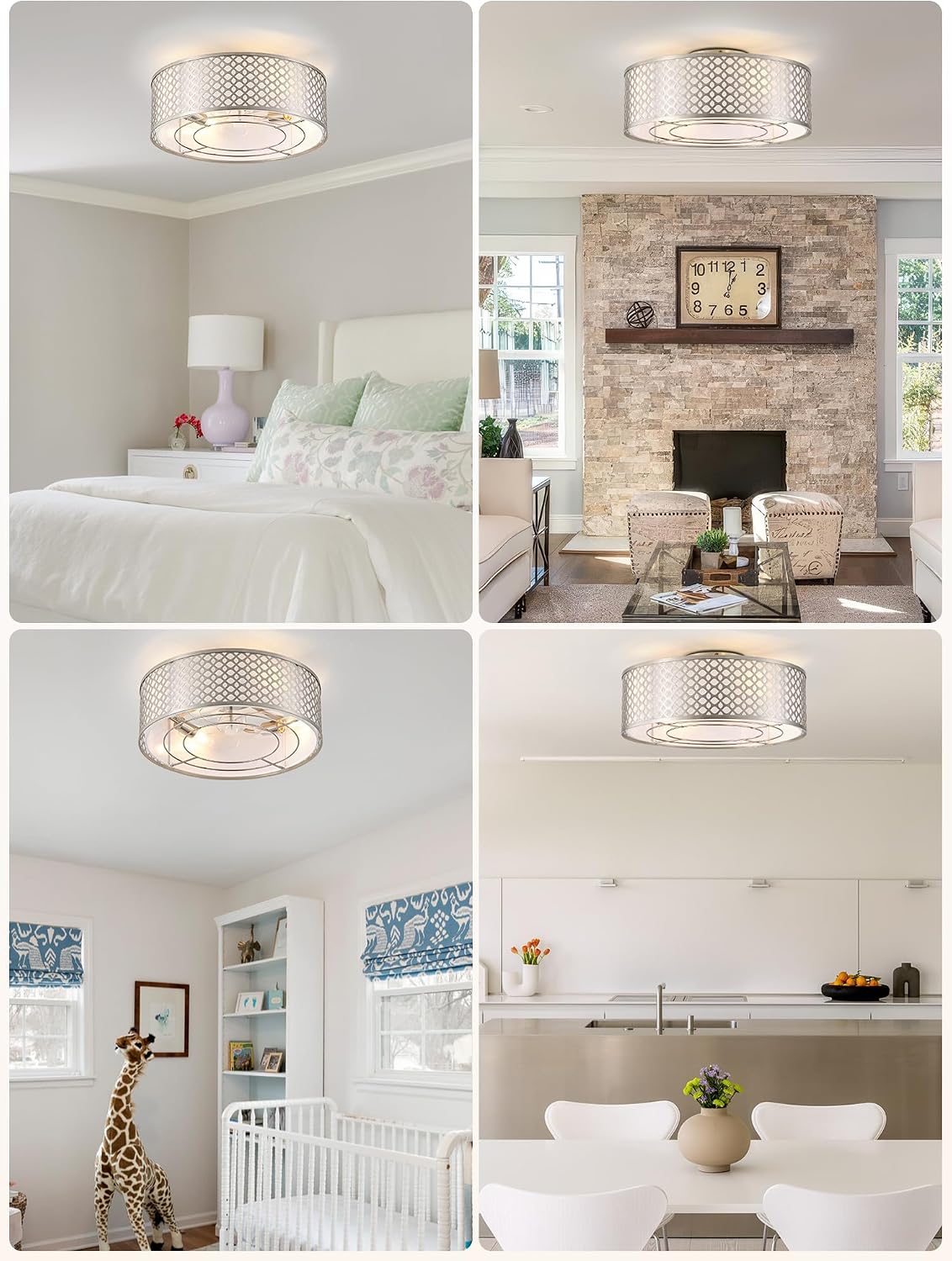 20' Silver Ceiling Fan with Light Flush Mount, Caged Boho Ceiling Fans with Lights Remote Control, Round with 6 Speeds for Bedroom, Nursery, Living Room