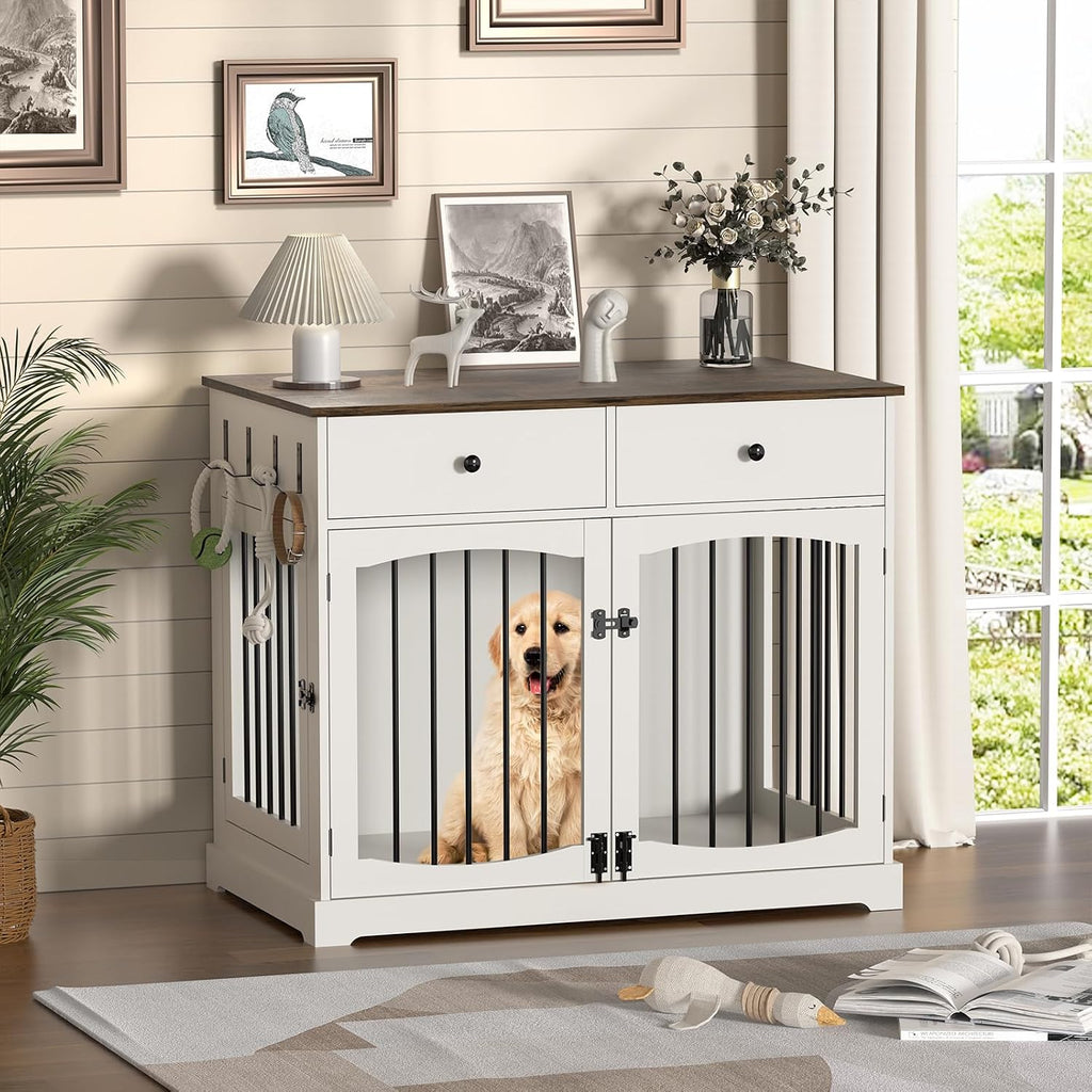 Dog Furniture Crate -40 inch Dog Kennel with Drawers-End Table Wooden Pet Crate, Double Door Design, Decorative Dog House Indoor for Small Medium Large Dog, White