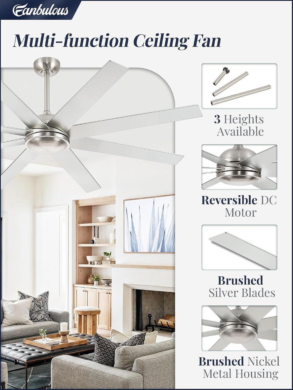 65 Inch Ceiling Fans No Light with Remote, Brushed Nickel Indoor/Outdoor Ceiling Fan Without Light with Quiet Reversible DC Motor, 6 Speeds, 8 Blades Large Ceiling Fan for Living Room Bedroom Patio