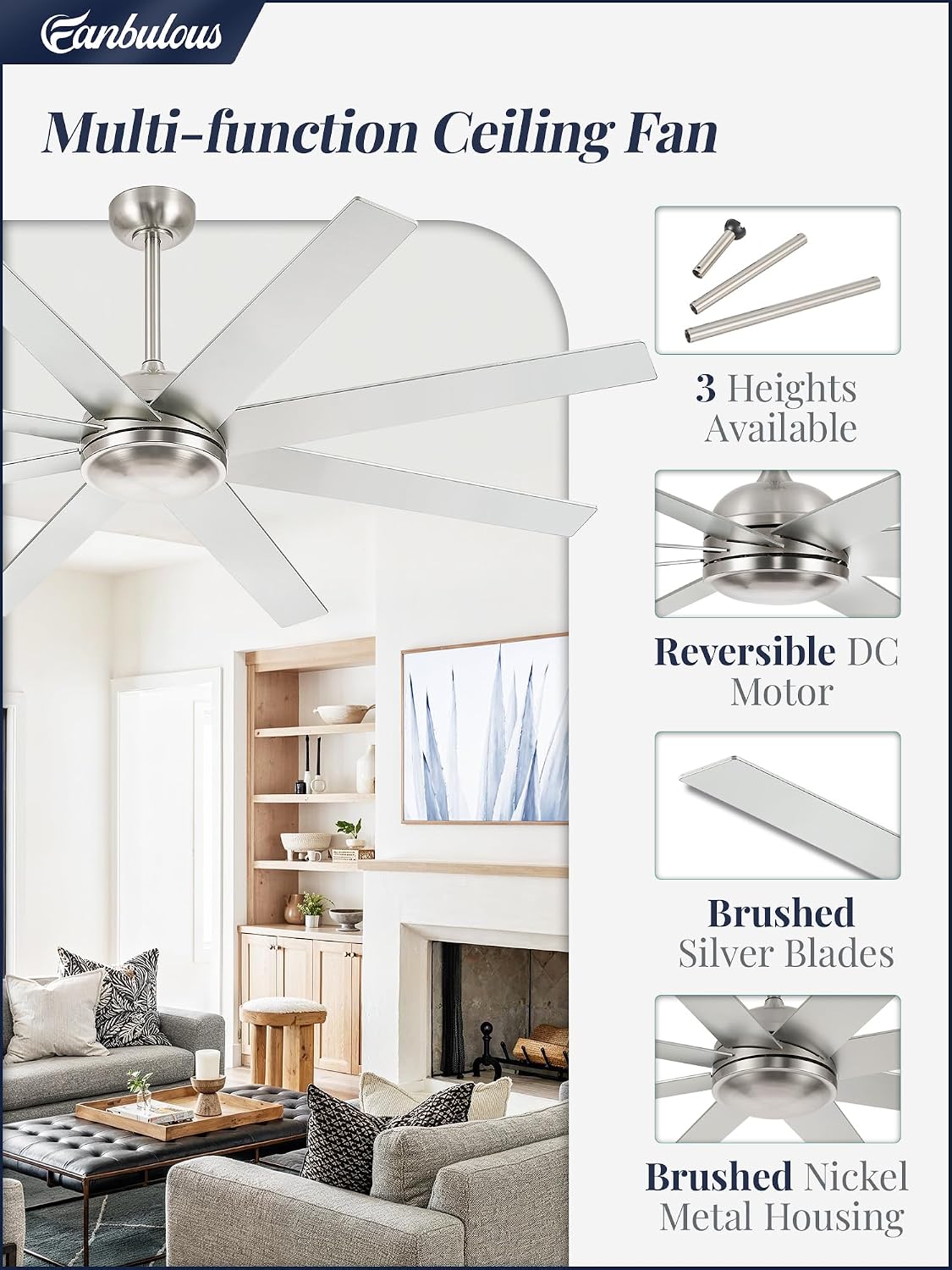 65 Inch Ceiling Fans No Light with Remote, Brushed Nickel Indoor/Outdoor Ceiling Fan Without Light with Quiet Reversible DC Motor, 6 Speeds, 8 Blades Large Ceiling Fan for Living Room Bedroom Patio
